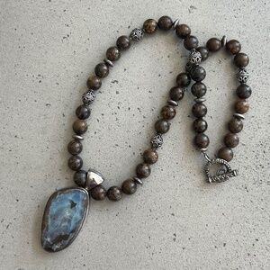 AustraliaBlue Boulder Opal & Silver Pendant with Bronzite Natural Bead Necklace